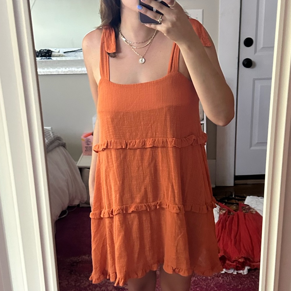 Peach Love tunic dress in burnt orange, ties at shoulders